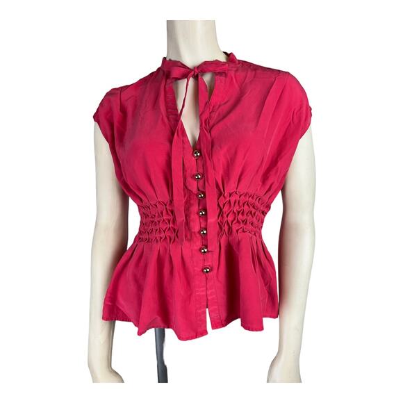 Cynthia Steffe sz 2 Pink Silk Womens Blouse top shirt smocked waist peplum - Picture 1 of 11